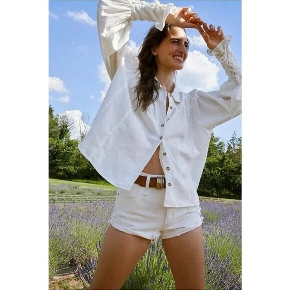 Free People Kiss Kiss Blouse Ivory Button Down Long Sleeve Size Large - Picture 5 of 5